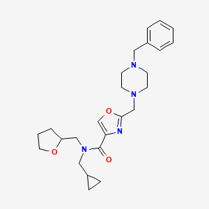 molecular formula C25H34N4O3 B5988257 2-[(4-benzyl-1-piperazinyl)methyl]-N-(cyclopropylmethyl)-N-(tetrahydro-2-furanylmethyl)-1,3-oxazole-4-carboxamide 