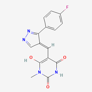 molecular formula C15H11FN4O3 B5988520 (5E)-5-{[3-(4-FLUOROPHENYL)-1H-PYRAZOL-4-YL]METHYLIDENE}-1-METHYL-1,3-DIAZINANE-2,4,6-TRIONE 