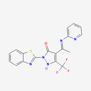 molecular formula C18H12F3N5OS B5989272 2-(1,3-benzothiazol-2-yl)-4-[(E)-C-methyl-N-pyridin-2-ylcarbonimidoyl]-5-(trifluoromethyl)-1H-pyrazol-3-one 