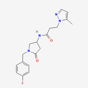 molecular formula C18H21FN4O2 B5990716 N-[1-(4-fluorobenzyl)-5-oxo-3-pyrrolidinyl]-3-(5-methyl-1H-pyrazol-1-yl)propanamide 