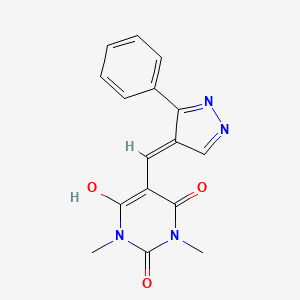 molecular formula C16H14N4O3 B5991110 1,3-dimethyl-5-[(3-phenyl-1H-pyrazol-4-yl)methylidene]-1,3-diazinane-2,4,6-trione 