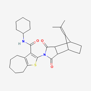 molecular formula C28H36N2O3S B5993881 N-cyclohexyl-2-[10-(1-methylethylidene)-3,5-dioxo-4-azatricyclo[5.2.1.0~2,6~]dec-4-yl]-5,6,7,8-tetrahydro-4H-cyclohepta[b]thiophene-3-carboxamide 