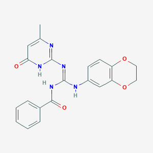 molecular formula C21H19N5O4 B5995463 N-{(2,3-dihydro-1,4-benzodioxin-6-ylamino)[(6-methyl-4-oxo-1,4-dihydro-2-pyrimidinyl)amino]methylene}benzamide 