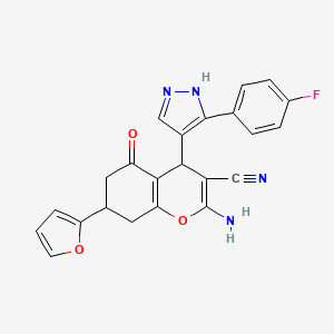 2-amino-4-[3-(4-fluorophenyl)-1H-pyrazol-4-yl]-7-(2-furyl)-5-oxo-5,6,7,8-tetrahydro-4H-chromene-3-carbonitrile