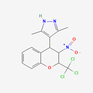 molecular formula C15H14Cl3N3O3 B5999482 3,5-dimethyl-4-[3-nitro-2-(trichloromethyl)-3,4-dihydro-2H-chromen-4-yl]-1H-pyrazole 