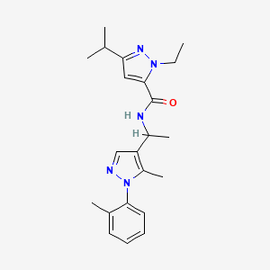 molecular formula C22H29N5O B6002844 1-ethyl-3-isopropyl-N-{1-[5-methyl-1-(2-methylphenyl)-1H-pyrazol-4-yl]ethyl}-1H-pyrazole-5-carboxamide 