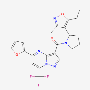 molecular formula C22H20F3N5O3 B6002885 3-{[2-(5-ethyl-3-methyl-4-isoxazolyl)-1-pyrrolidinyl]carbonyl}-5-(2-furyl)-7-(trifluoromethyl)pyrazolo[1,5-a]pyrimidine 