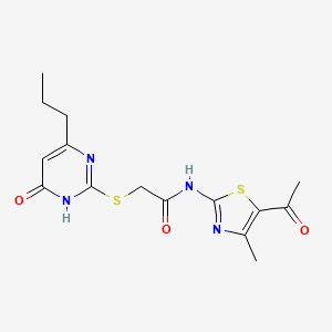 molecular formula C15H18N4O3S2 B6003237 N-(5-acetyl-4-methyl-1,3-thiazol-2-yl)-2-[(6-oxo-4-propyl-1,6-dihydro-2-pyrimidinyl)thio]acetamide 