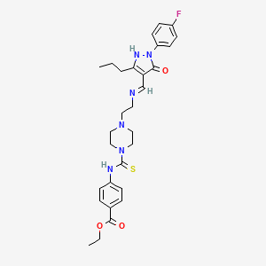 molecular formula C29H35FN6O3S B6003787 ethyl 4-[({4-[2-({[1-(4-fluorophenyl)-5-oxo-3-propyl-1,5-dihydro-4H-pyrazol-4-ylidene]methyl}amino)ethyl]piperazin-1-yl}carbonothioyl)amino]benzoate 