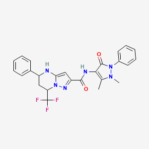 molecular formula C25H23F3N6O2 B6004185 N-(1,5-dimethyl-3-oxo-2-phenyl-2,3-dihydro-1H-pyrazol-4-yl)-5-phenyl-7-(trifluoromethyl)-4,5,6,7-tetrahydropyrazolo[1,5-a]pyrimidine-2-carboxamide 