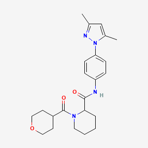 molecular formula C23H30N4O3 B6004214 N-[4-(3,5-dimethyl-1H-pyrazol-1-yl)phenyl]-1-(tetrahydro-2H-pyran-4-ylcarbonyl)-2-piperidinecarboxamide 