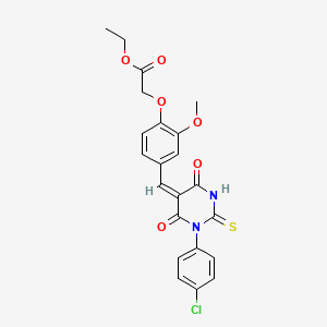 molecular formula C22H19ClN2O6S B6004585 ethyl (4-{[1-(4-chlorophenyl)-4,6-dioxo-2-thioxotetrahydro-5(2H)-pyrimidinylidene]methyl}-2-methoxyphenoxy)acetate 