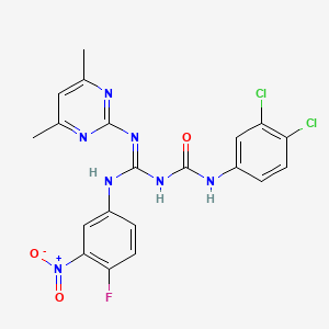 molecular formula C20H16Cl2FN7O3 B6005166 N-(3,4-dichlorophenyl)-N'-{[(4,6-dimethyl-2-pyrimidinyl)amino][(4-fluoro-3-nitrophenyl)amino]methylene}urea 