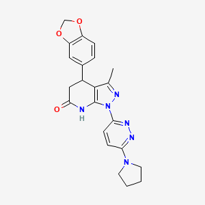 molecular formula C22H22N6O3 B6005334 4-(1,3-benzodioxol-5-yl)-3-methyl-1-[6-(1-pyrrolidinyl)-3-pyridazinyl]-1,4,5,7-tetrahydro-6H-pyrazolo[3,4-b]pyridin-6-one 