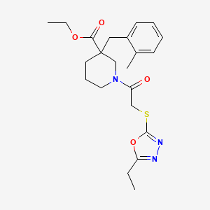 molecular formula C22H29N3O4S B6005714 ethyl 1-{[(5-ethyl-1,3,4-oxadiazol-2-yl)thio]acetyl}-3-(2-methylbenzyl)-3-piperidinecarboxylate 