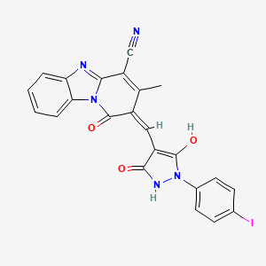 molecular formula C23H14IN5O3 B6006112 1-hydroxy-2-{[1-(4-iodophenyl)-3,5-dioxo-4-pyrazolidinylidene]methyl}-3-methylpyrido[1,2-a]benzimidazole-4-carbonitrile 