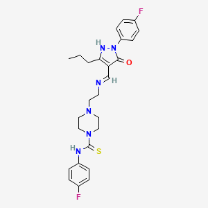 molecular formula C26H30F2N6OS B6006846 N-(4-fluorophenyl)-4-[2-({[1-(4-fluorophenyl)-5-oxo-3-propyl-1,5-dihydro-4H-pyrazol-4-ylidene]methyl}amino)ethyl]piperazine-1-carbothioamide 