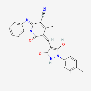 molecular formula C25H19N5O3 B6006950 2-{[1-(3,4-dimethylphenyl)-3,5-dioxo-4-pyrazolidinylidene]methyl}-1-hydroxy-3-methylpyrido[1,2-a]benzimidazole-4-carbonitrile 