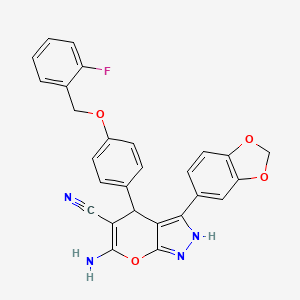 molecular formula C27H19FN4O4 B6006995 6-amino-3-(1,3-benzodioxol-5-yl)-4-{4-[(2-fluorobenzyl)oxy]phenyl}-1,4-dihydropyrano[2,3-c]pyrazole-5-carbonitrile 