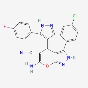 molecular formula C22H14ClFN6O B6007882 6-amino-3-(4-chlorophenyl)-4-[3-(4-fluorophenyl)-1H-pyrazol-4-yl]-1,4-dihydropyrano[2,3-c]pyrazole-5-carbonitrile 