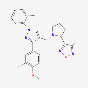 molecular formula C25H26FN5O2 B6007912 3-(1-{[3-(3-fluoro-4-methoxyphenyl)-1-(2-methylphenyl)-1H-pyrazol-4-yl]methyl}-2-pyrrolidinyl)-4-methyl-1,2,5-oxadiazole 