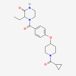 molecular formula C22H29N3O4 B6008118 4-(4-{[1-(cyclopropylcarbonyl)-4-piperidinyl]oxy}benzoyl)-3-ethyl-2-piperazinone 