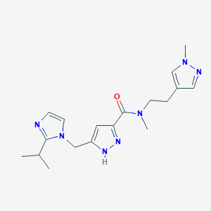 molecular formula C18H25N7O B6009627 5-[(2-isopropyl-1H-imidazol-1-yl)methyl]-N-methyl-N-[2-(1-methyl-1H-pyrazol-4-yl)ethyl]-1H-pyrazole-3-carboxamide 