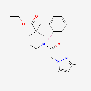 molecular formula C22H28FN3O3 B6010603 ethyl 1-[(3,5-dimethyl-1H-pyrazol-1-yl)acetyl]-3-(2-fluorobenzyl)-3-piperidinecarboxylate 