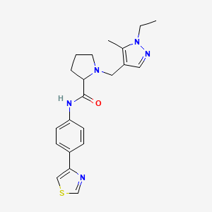 molecular formula C21H25N5OS B6011407 1-[(1-ethyl-5-methyl-1H-pyrazol-4-yl)methyl]-N-[4-(1,3-thiazol-4-yl)phenyl]prolinamide 