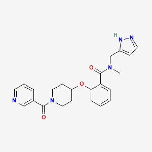molecular formula C23H25N5O3 B6011581 N-methyl-N-(1H-pyrazol-5-ylmethyl)-2-{[1-(3-pyridinylcarbonyl)-4-piperidinyl]oxy}benzamide 