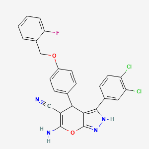 molecular formula C26H17Cl2FN4O2 B6012360 6-amino-3-(3,4-dichlorophenyl)-4-{4-[(2-fluorobenzyl)oxy]phenyl}-1,4-dihydropyrano[2,3-c]pyrazole-5-carbonitrile 
