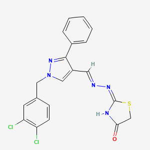 molecular formula C20H15Cl2N5OS B6013343 1-(3,4-dichlorobenzyl)-3-phenyl-1H-pyrazole-4-carbaldehyde (4-oxo-1,3-thiazolidin-2-ylidene)hydrazone 