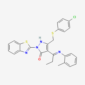 molecular formula C27H23ClN4OS2 B6024369 (4E)-2-(1,3-benzothiazol-2-yl)-5-{[(4-chlorophenyl)sulfanyl]methyl}-4-{1-[(2-methylphenyl)amino]propylidene}-2,4-dihydro-3H-pyrazol-3-one 