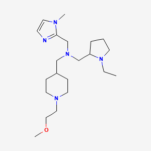 molecular formula C21H39N5O B6024890 1-(1-ethyl-2-pyrrolidinyl)-N-{[1-(2-methoxyethyl)-4-piperidinyl]methyl}-N-[(1-methyl-1H-imidazol-2-yl)methyl]methanamine 