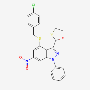 molecular formula C23H18ClN3O3S2 B6026391 4-{[(4-CHLOROPHENYL)METHYL]SULFANYL}-6-NITRO-3-(1,3-OXATHIOLAN-2-YL)-1-PHENYL-1H-INDAZOLE 