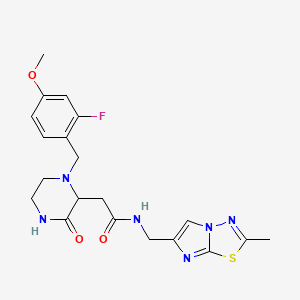 molecular formula C20H23FN6O3S B6027201 2-[1-(2-fluoro-4-methoxybenzyl)-3-oxo-2-piperazinyl]-N-[(2-methylimidazo[2,1-b][1,3,4]thiadiazol-6-yl)methyl]acetamide 