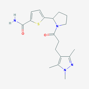 molecular formula C18H24N4O2S B6028714 5-{1-[3-(1,3,5-trimethyl-1H-pyrazol-4-yl)propanoyl]-2-pyrrolidinyl}-2-thiophenecarboxamide 