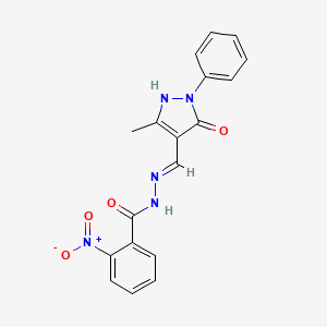 molecular formula C18H15N5O4 B6029119 N'-[(3-methyl-5-oxo-1-phenyl-1,5-dihydro-4H-pyrazol-4-ylidene)methyl]-2-nitrobenzohydrazide 