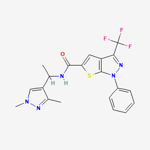 molecular formula C20H18F3N5OS B6029559 N-[1-(1,3-dimethyl-1H-pyrazol-4-yl)ethyl]-1-phenyl-3-(trifluoromethyl)-1H-thieno[2,3-c]pyrazole-5-carboxamide 