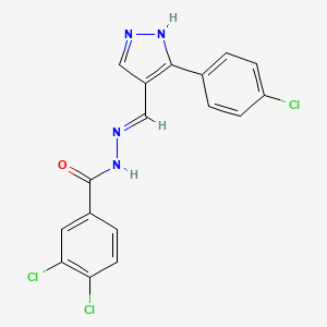 molecular formula C17H11Cl3N4O B6030271 3,4-dichloro-N'-{[3-(4-chlorophenyl)-1H-pyrazol-4-yl]methylene}benzohydrazide 