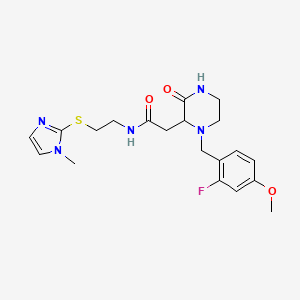 molecular formula C20H26FN5O3S B6030532 2-[1-(2-fluoro-4-methoxybenzyl)-3-oxo-2-piperazinyl]-N-{2-[(1-methyl-1H-imidazol-2-yl)thio]ethyl}acetamide 