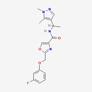 molecular formula C18H19FN4O3 B6033295 N-[1-(1,5-dimethyl-1H-pyrazol-4-yl)ethyl]-2-[(3-fluorophenoxy)methyl]-1,3-oxazole-4-carboxamide 