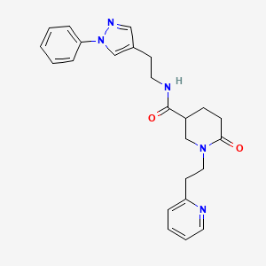 molecular formula C24H27N5O2 B6033321 6-oxo-N-[2-(1-phenyl-1H-pyrazol-4-yl)ethyl]-1-[2-(2-pyridinyl)ethyl]-3-piperidinecarboxamide 
