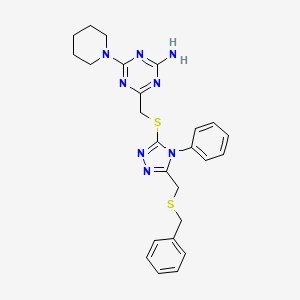 molecular formula C25H28N8S2 B6033838 4-[({5-[(benzylthio)methyl]-4-phenyl-4H-1,2,4-triazol-3-yl}thio)methyl]-6-piperidin-1-yl-1,3,5-triazin-2-amine 