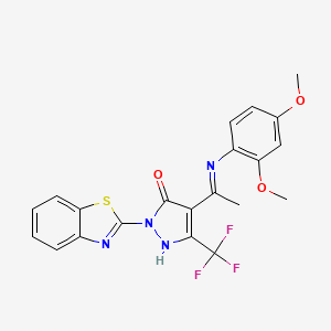 molecular formula C21H17F3N4O3S B6034327 2-(1,3-benzothiazol-2-yl)-4-{1-[(2,4-dimethoxyphenyl)amino]ethylidene}-5-(trifluoromethyl)-2,4-dihydro-3H-pyrazol-3-one 