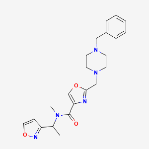 molecular formula C22H27N5O3 B6034548 2-[(4-benzyl-1-piperazinyl)methyl]-N-[1-(3-isoxazolyl)ethyl]-N-methyl-1,3-oxazole-4-carboxamide 