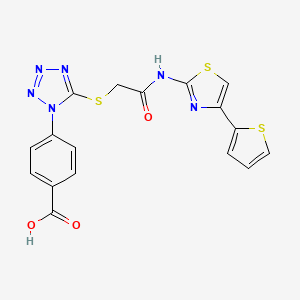 molecular formula C17H12N6O3S3 B603502 4-{5-[(2-oxo-2-{[4-(2-thienyl)-1,3-thiazol-2-yl]amino}ethyl)sulfanyl]-1H-tetraazol-1-yl}benzoic acid CAS No. 1091572-50-7