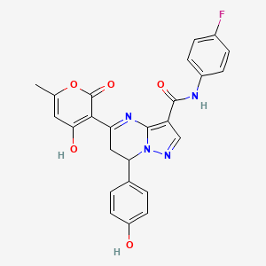 molecular formula C25H19FN4O5 B603555 N-(4-fluorophenyl)-5-(4-hydroxy-6-methyl-2-oxo-2H-pyran-3-yl)-7-(4-hydroxyphenyl)-6,7-dihydropyrazolo[1,5-a]pyrimidine-3-carboxamide CAS No. 903195-44-8