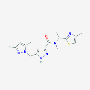 molecular formula C17H22N6OS B6035726 5-[(3,5-dimethyl-1H-pyrazol-1-yl)methyl]-N-methyl-N-[1-(4-methyl-1,3-thiazol-2-yl)ethyl]-1H-pyrazole-3-carboxamide 