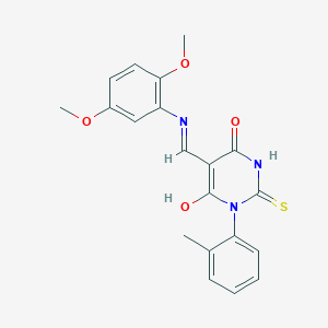 molecular formula C20H19N3O4S B6037136 5-{[(2,5-dimethoxyphenyl)amino]methylene}-1-(2-methylphenyl)-2-thioxodihydro-4,6(1H,5H)-pyrimidinedione 